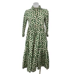 Zara Karen Green Geometric Long Sleeve Button Tiered A Line Midi Dress Size XS